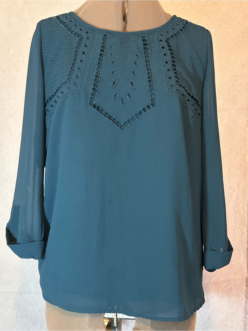 Skies Are Blue Indigo Crochet-Trim Long Sleeve Blouse